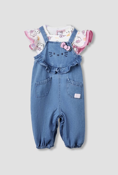 Juniors Hello Kitty Print T-shirt and Denim Dungaree Set