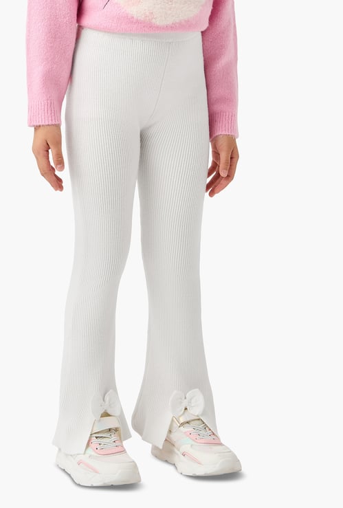 Juniors Ribbed Flared Pants with Bow Accent