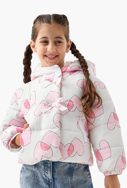 Juniors Heart Print Hooded Heavy Jacket with Long Sleeves