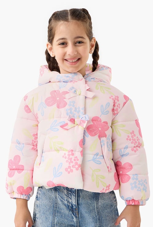 Juniors Floral Print Hooded Heavy Jacket with Long Sleeves