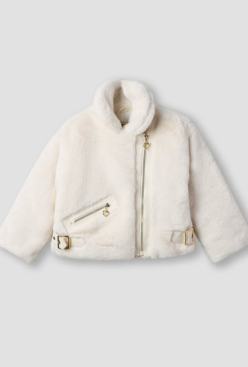 Juniors Solid Collared Jacket with Pockets and Long Sleeves