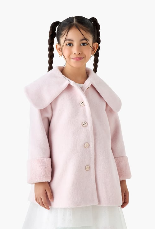 Juniors Solid Peter Pan Collar Coat with Long Sleeves