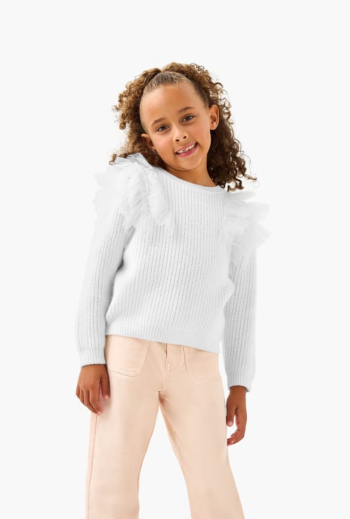 Juniors Textured Sweater with Long Sleeves and Tulle Detail