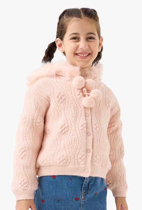 Juniors Textured Hooded Cardigan with Long Sleeves