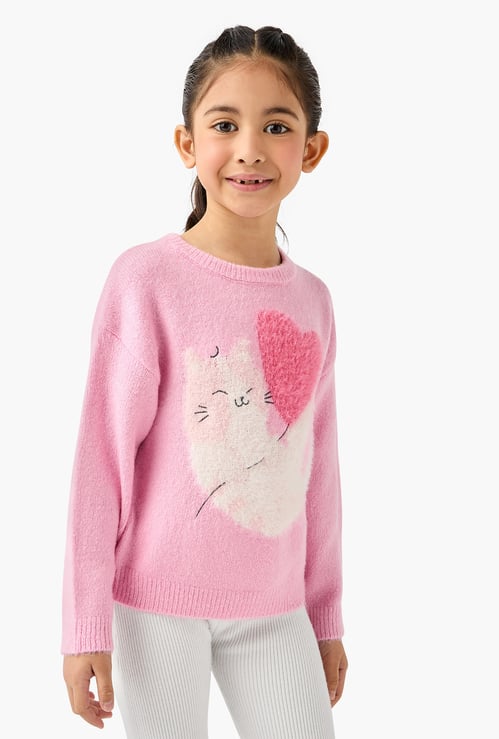 Juniors Cat Print Sweater with Long Sleeves