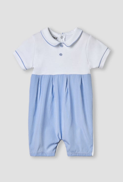 Giggles Striped Collared Romper with Short Sleeves