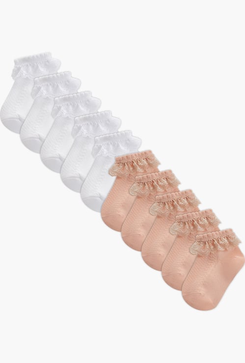 Juniors Ankle Length Socks with Lace Trim - Set of 10
