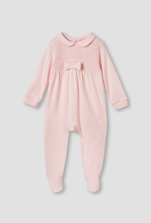Giggles Smocked and Bow Accent Collared Sleepsuit