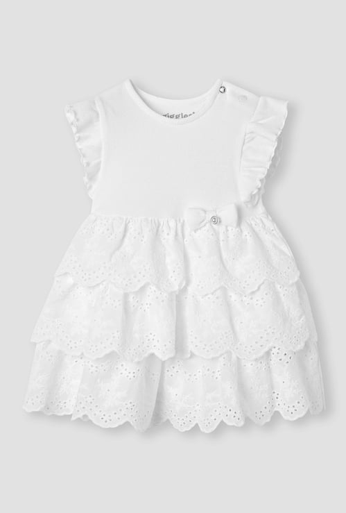 Giggles Schiffli Layered Dress with Bow Applique