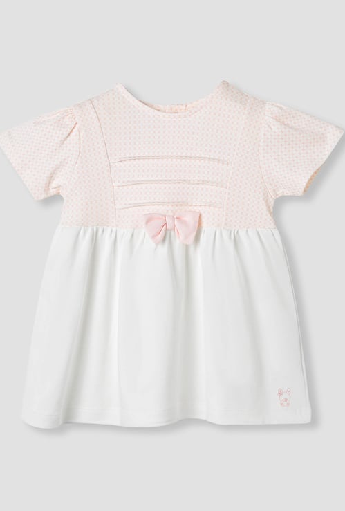 Giggles Printed A-line Dress with Bow Applique