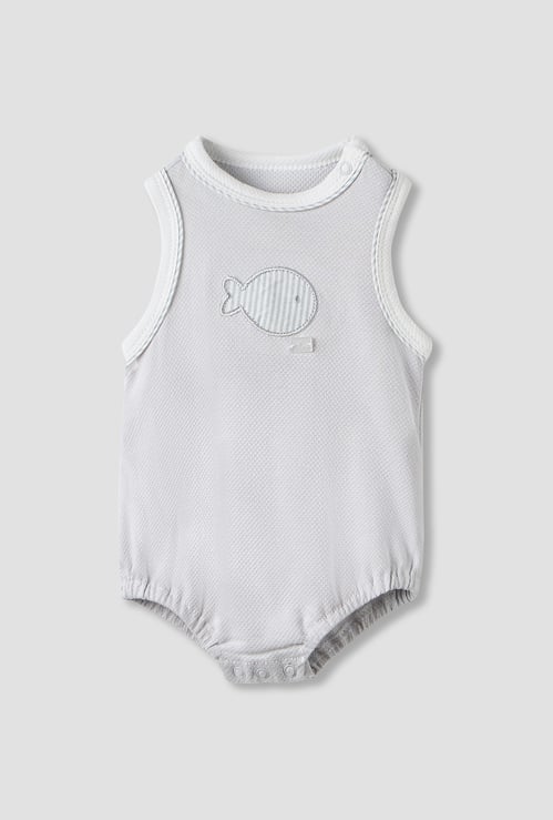 Giggles Fish Embroidered Sleeveless Bodysuit with Button Closure