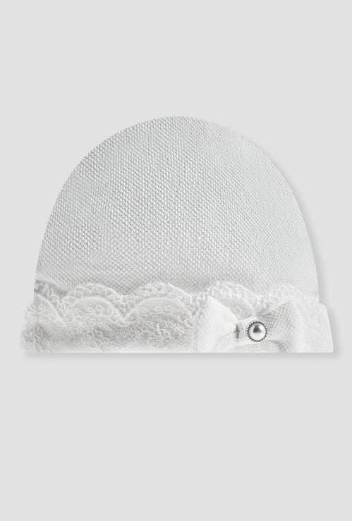 Giggles Pearl Embellished Beanie with Lace Trim
