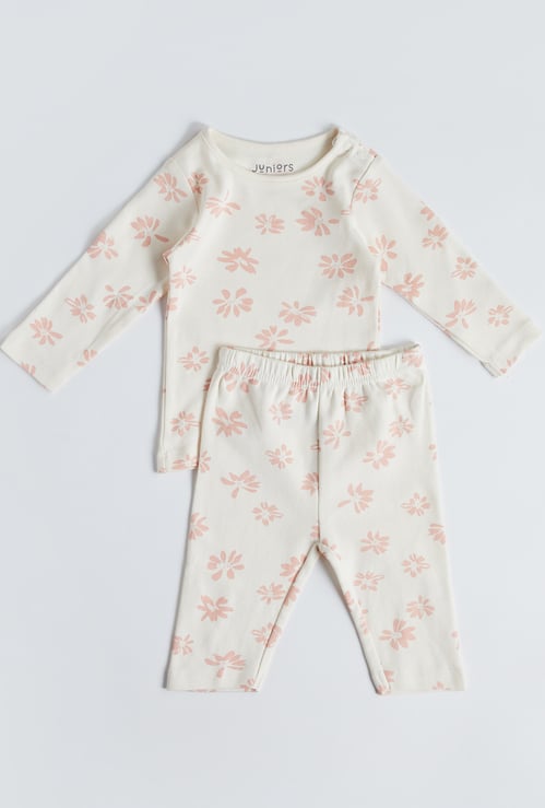 Juniors Floral Print T-shirt with Pyjamas Set