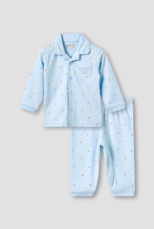 Giggles Bear Print Shirt and Pyjama Set with Pocket