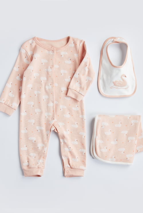 Juniors Swan Print Sleepsuit with Bib and Blanket