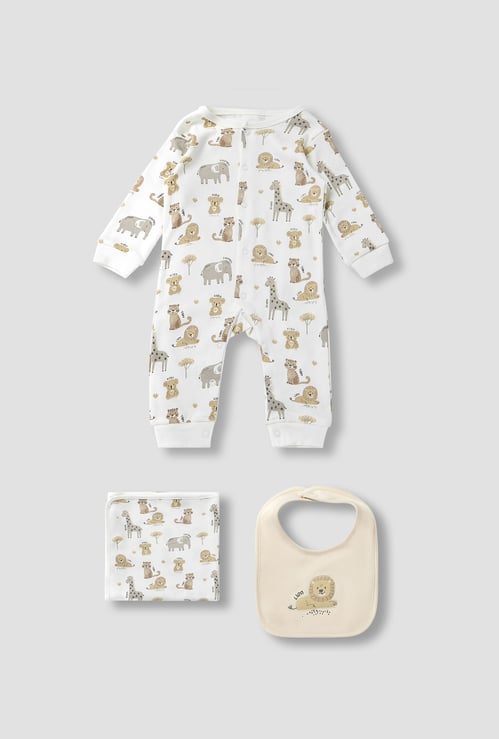 Juniors Wild Animal Print Sleepsuit with Bib and Blanket