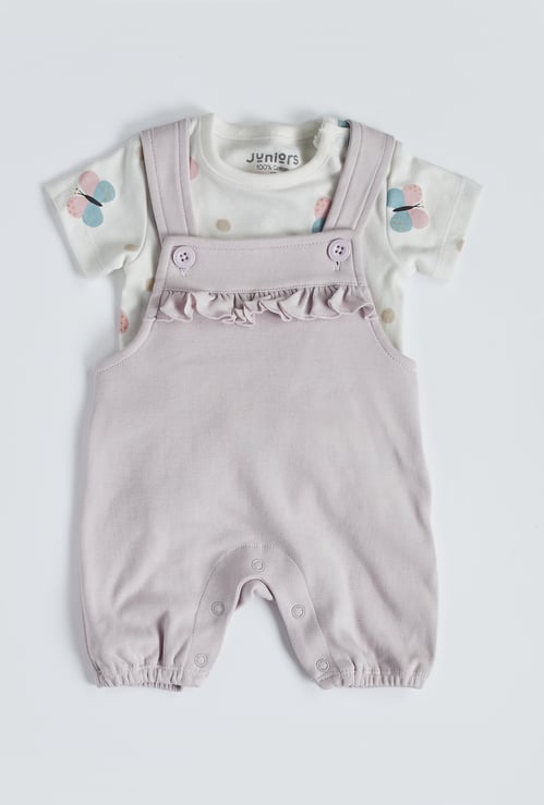 Juniors Solid Dungaree and Butterfly Print T-shirt Set
