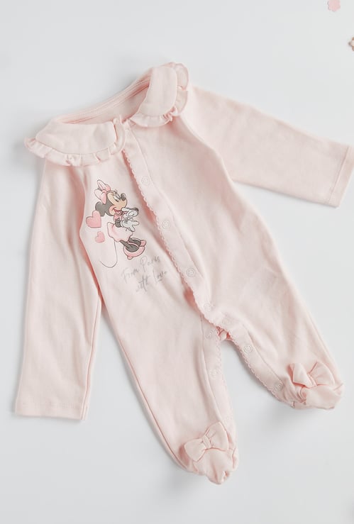 Minnie Mouse Print Sleepsuit with Long Sleeves
