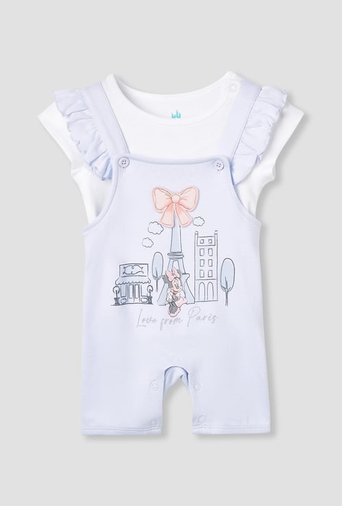 Minnie Mouse Print Dungaree and Solid Top Set