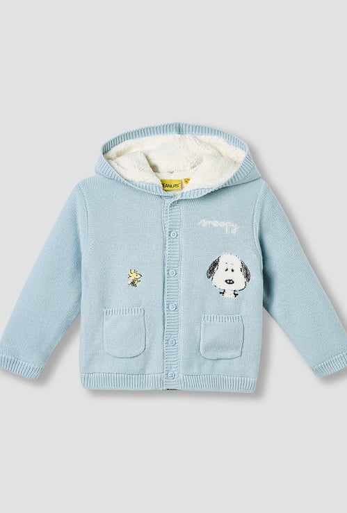 Juniors Snoopy Embroidered Hooded Cardigan with Long Sleeves