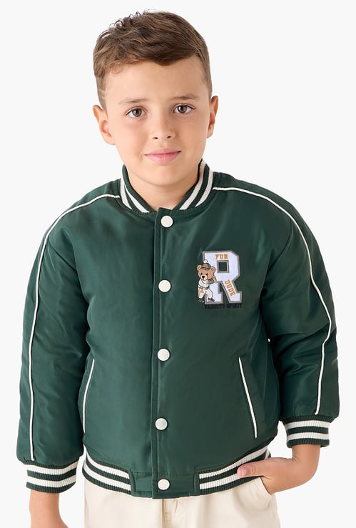 Juniors Teddy Applique Bomber Jacket with Button Closure
