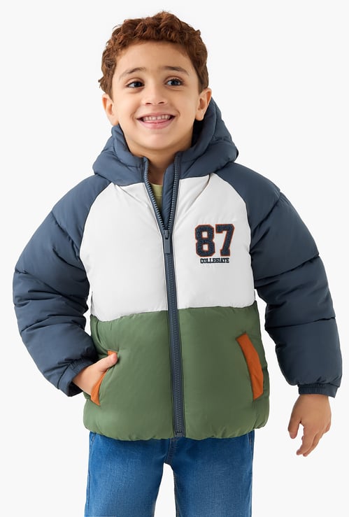 Juniors Colourblock Hooded Heavy Jacket with Zip Closure