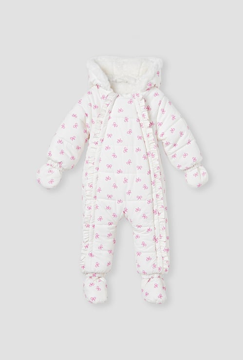 Juniors Bow Print Coverall with Hood and Ruffles