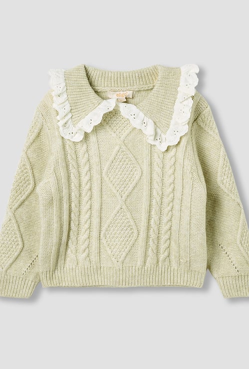 Juniors Cable Knit Sweater with Scalloped Trim Collar
