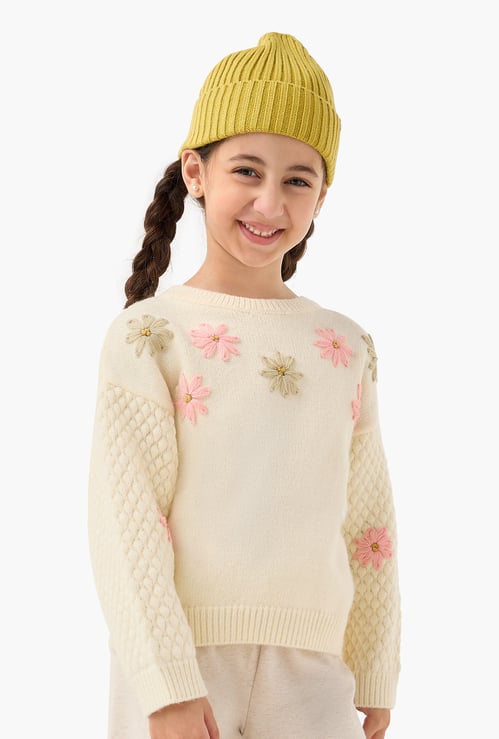 Juniors Floral Embroidered Sweater with Long Sleeves