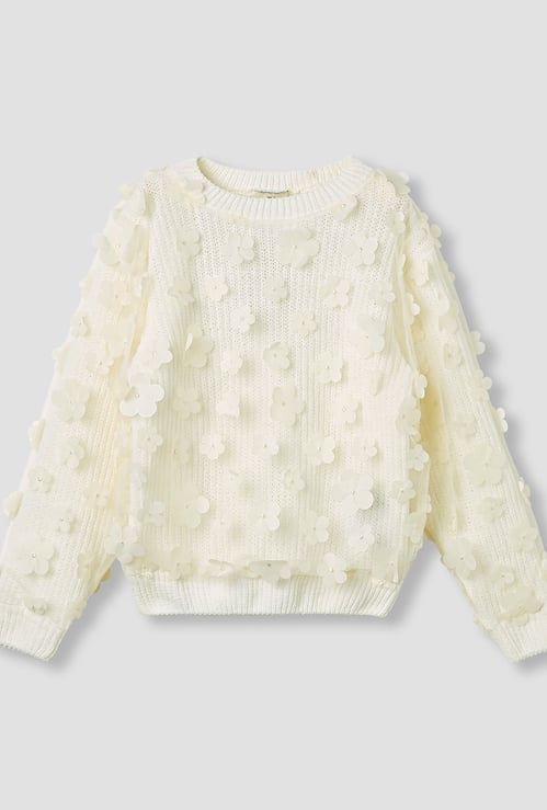 Juniors Floral Applique Ribbed Sweater with Long Sleeves