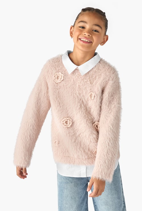 Juniors Floral Applique Faux Fur Sweater with Long Sleeves