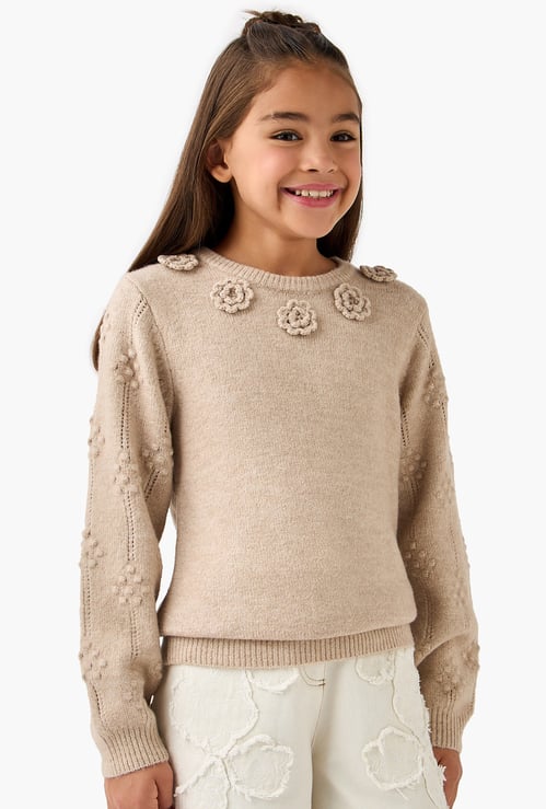 Juniors Floral Applique Pullover with Long Sleeves