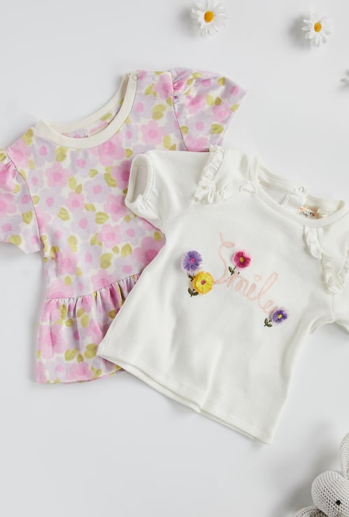 Juniors Floral Print T-shirt with Ruffle Detail - Set of 2