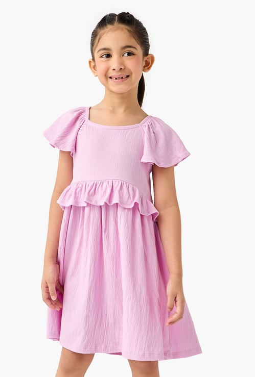 Juniors Textured Ruffled Dress with Flutter Sleeves