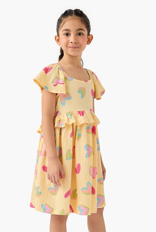 Juniors Heart Print Dress with Ruffles
