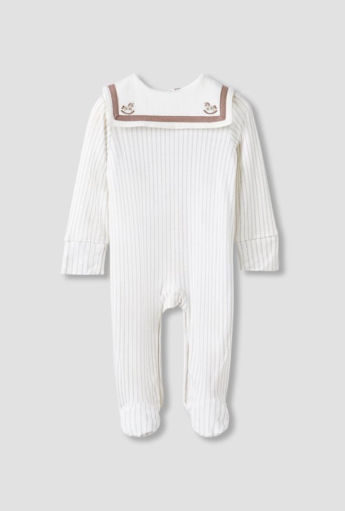 Giggles Striped Sailor Collar Sleepsuit with Long Sleeves