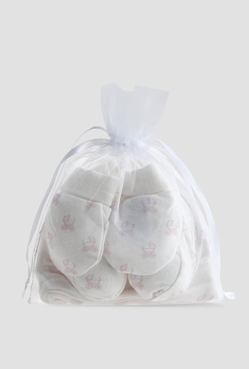 Giggles Pram Print Beanie with Mittens and Booties