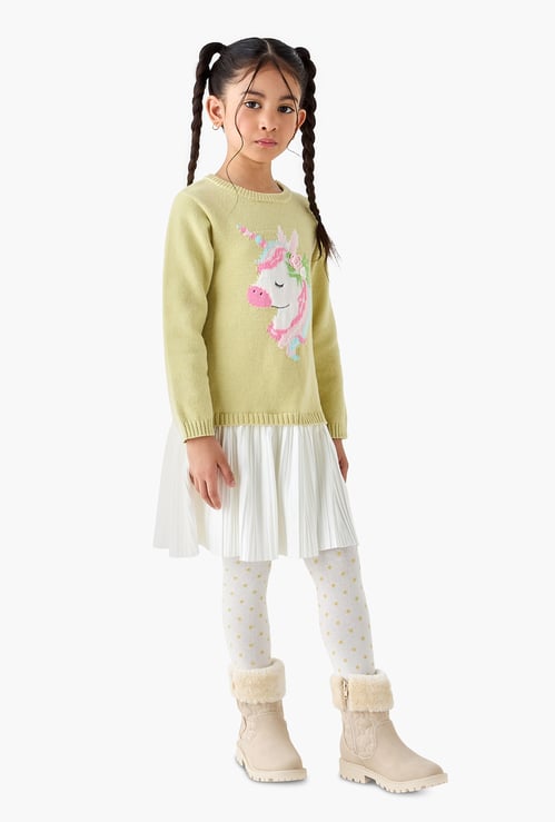 Juniors Unicorn Applique Sweater Dress with Polka Dot Tights