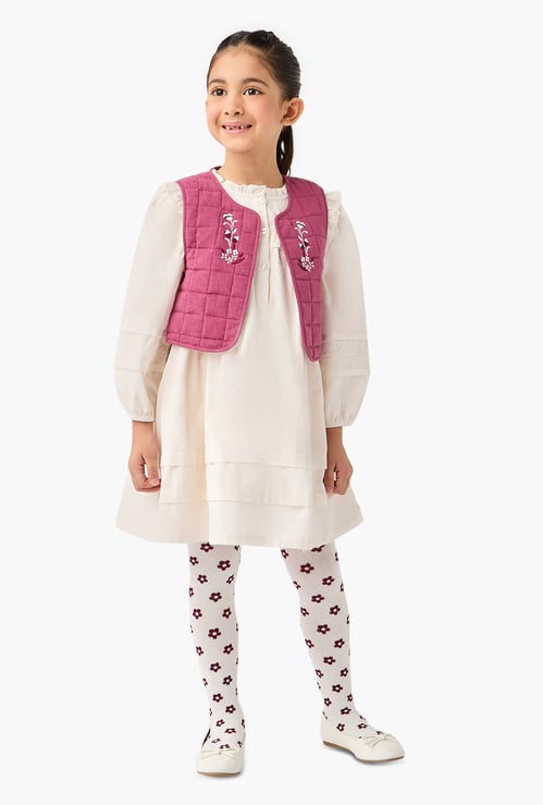 Juniors Ruffled Dress with Floral Embroidered Jacket and Tights