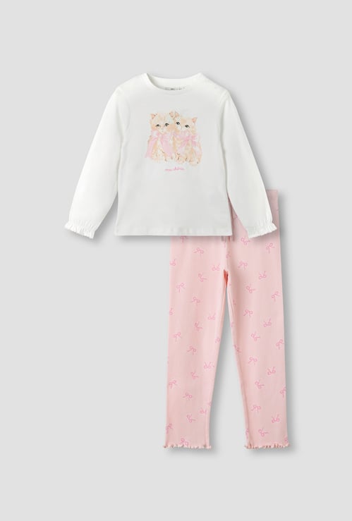 Juniors Cat Print T-shirt and Pyjama Set