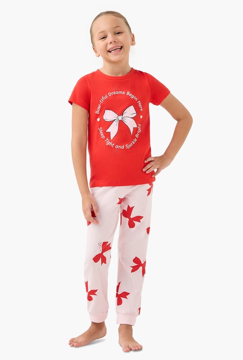 Juniors Bow Print T-shirt and Pyjama Set