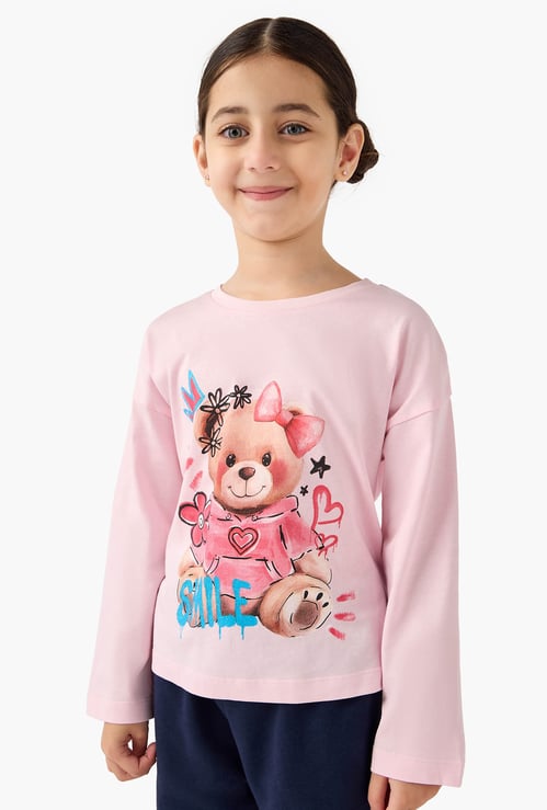 Juniors Teddy Bear Print T-shirt with Long Sleeves