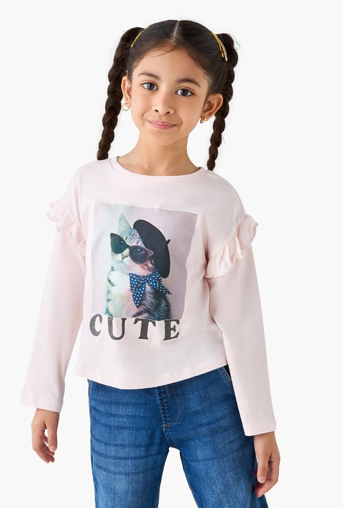 Juniors Cat Graphic Print T-shirt with Long Sleeves