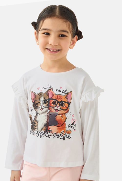 Juniors Cat Print T-shirt with Long Sleeves