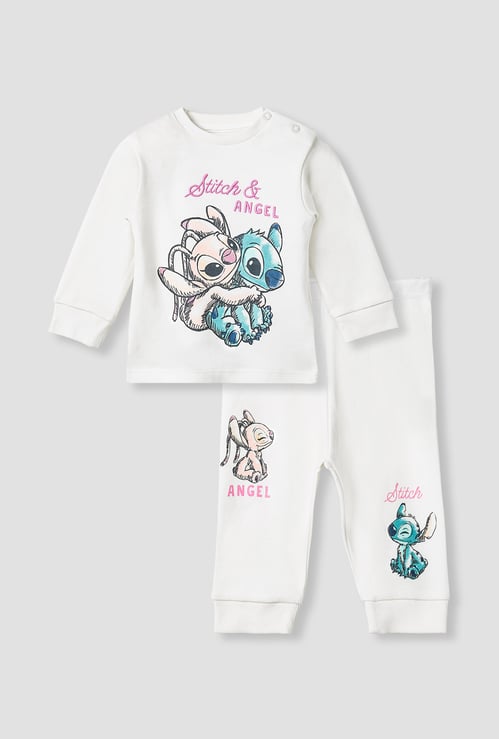 Stitch and Angel Print T-shirt with Long Sleeves and Pyjama Set