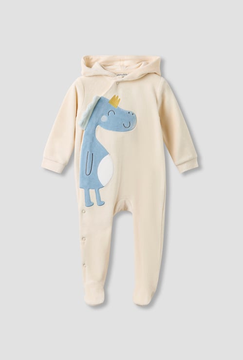 Juniors Dinosaur Applique Velour Hooded Sleepsuit