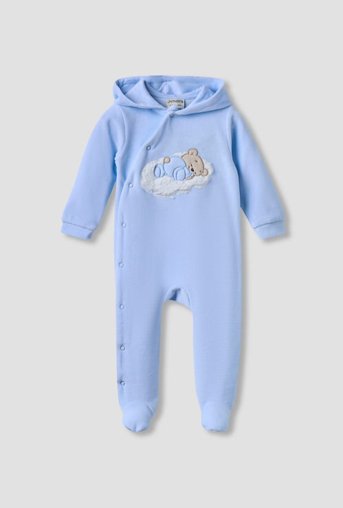 Juniors Bear Applique Hooded Velour Sleepsuit