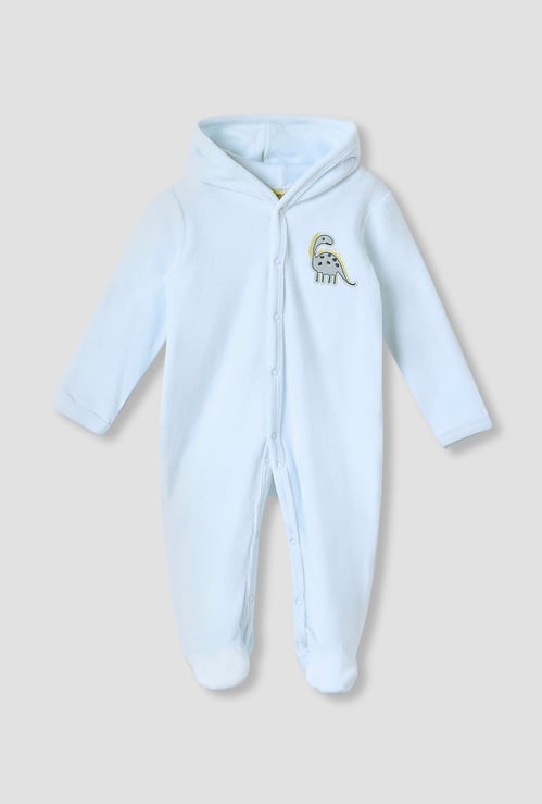 Juniors Dinosaur Applique Hooded Velour Sleepsuit with Long Sleeves