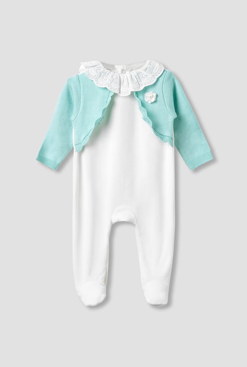 Giggles Velour Ruffled Neck Sleepsuit with Long Sleeves
