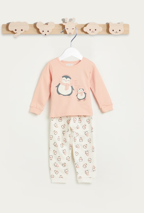 Juniors Penguin Applique Long Sleeves T-shirt and Pyjama Set